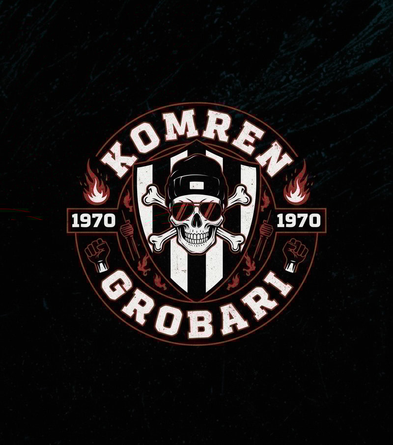 make me a logo for ultras (PARTIZAN) and add text KOMREN and below it GROBARI and with all logos and colors