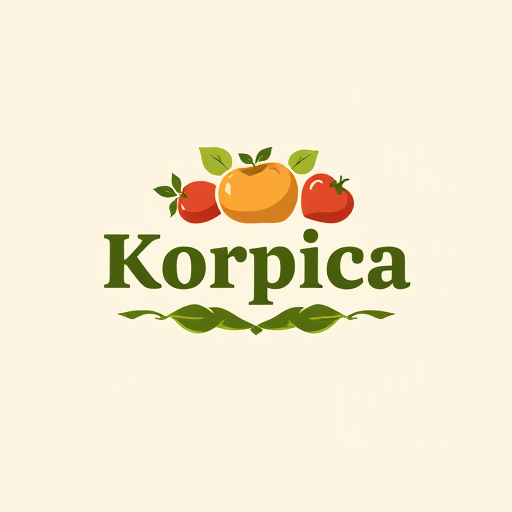 Professional logo design. Design a clean, modern and memorable logo for a small village fruit and vegetable shop named [Korpica]. The logo should include natural elements like fresh fruits and vegetables (such as apples, tomatoes, cucumbers), green leaves, and a rustic but professional vibe. Use warm, earthy colors (green, red, orange, yellow) to symbolize freshness and health. The design should be simple, recognizable, and suitable for shop signs, flyers, and packaging. Include the shop name in a bold but friendly font."