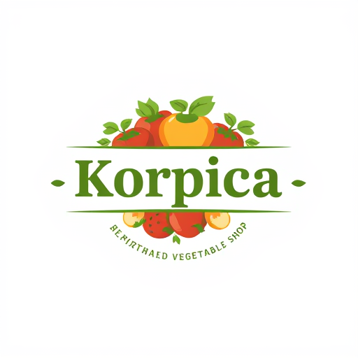Professional logo design. Design a clean, modern and memorable logo for a small village fruit and vegetable shop named [Korpica]. The logo should include natural elements like fresh fruits and vegetables (such as apples, tomatoes, cucumbers), green leaves, and a rustic but professional vibe. Use warm, earthy colors (green, red, orange, yellow) to symbolize freshness and health. The design should be simple, recognizable, and suitable for shop signs, flyers, and packaging. Include the shop name in a bold but friendly font."