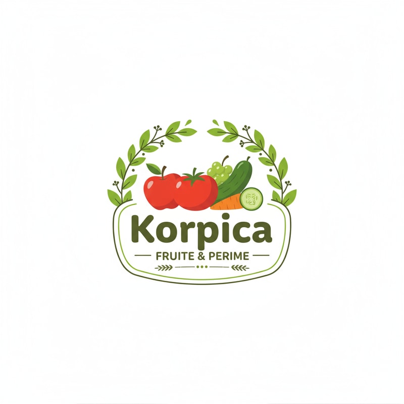 Design a clean, modern and memorable logo for a small village fruit and vegetable shop named [Korpica]. The logo should include natural elements like fresh fruits and vegetables (such as apples, tomatoes, cucumbers), green leaves, and a rustic but professional vibe. Use warm, earthy colors (green, red, orange, yellow) to symbolize freshness and health. The design should be simple, recognizable, and suitable for shop signs, flyers, and packaging. Include the shop name in a bold but friendly font."