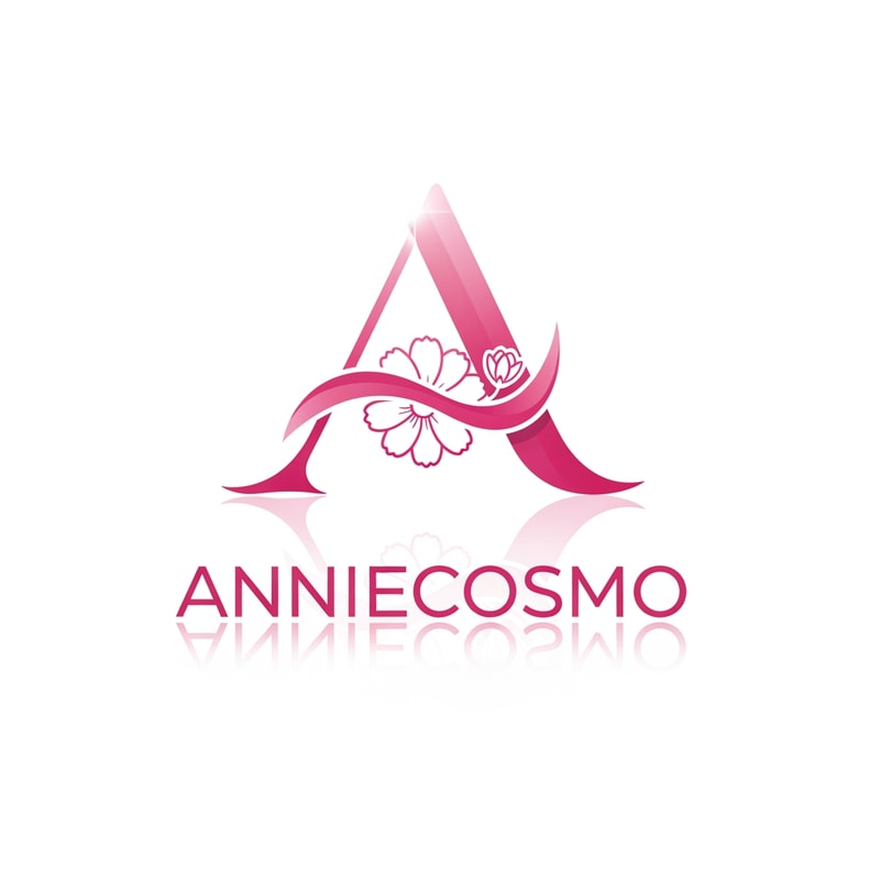 Anniecosmo logo for a cosmetic brand — minimalist emblem, #ff5894 color palette, soft ambient lighting, clean and modern style, smooth gradients and subtle reflections, plain white background