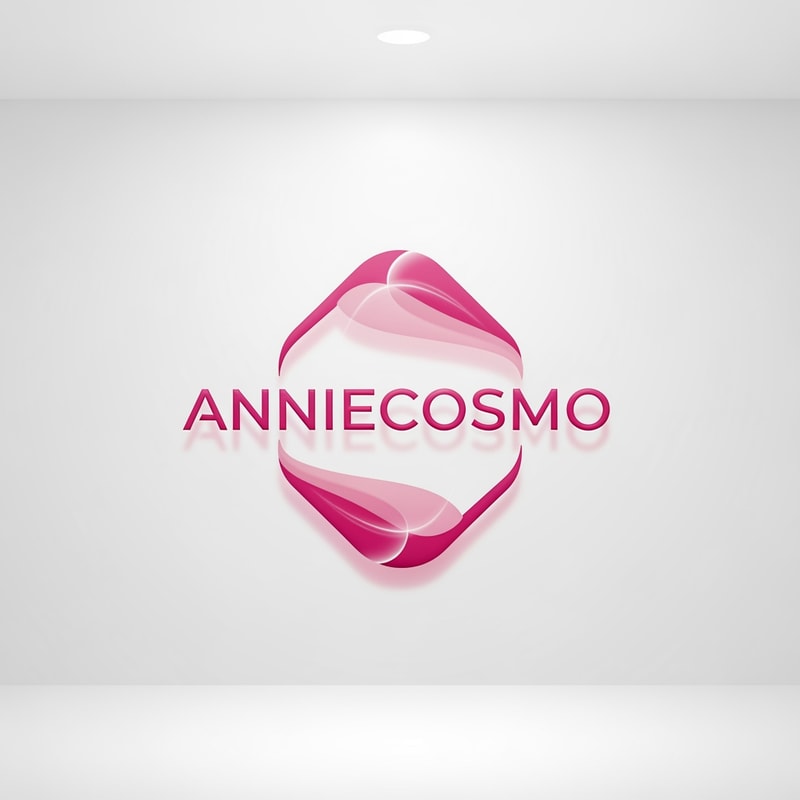 Anniecosmo logo for a cosmetic brand — minimalist emblem, #ff5894 color palette, soft ambient lighting, clean and modern style, smooth gradients and subtle reflections, plain white background