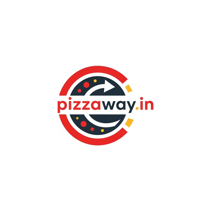 A modern logotype graphic for a fast-casual pizza delivery service, featuring the text "pizzaway.in" integrated into a dynamic, circular emblem that subtly suggests both a pizza shape and a directional pathway — Centered horizontal layout optimized for use as a website header; clean and scalable vector graphics suitable for digital branding — Warm and appetizing palette utilizing vibrant tomato red, mozzarella white, and deep charcoal gray for sophisticated contrast; subtle accents of golden yellow — Flat, high-key studio lighting with no gradients or depth of field; the mood must be trustworthy and quick — Minimalist vector graphic design; hard lines and geometric construction suitable for corporate identity assets; avoid photographic realism — Must prominently display the exact text "pizzaway.in"; keep text/logos/labels EXACTLY unchanged; no rewriting, redrawing, correcting, or adding any text; the entire graphic must function as a simple favicon — Solid white presentation background, simulating a brand style guide preview.