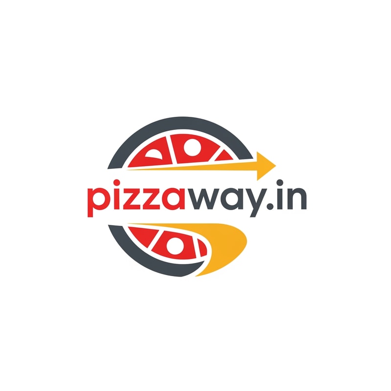 A modern logotype graphic for a fast-casual pizza delivery service, featuring the exact text "pizzaway.in" integrated into a dynamic, circular emblem that subtly suggests both a pizza shape and a directional pathway — Centered horizontal layout optimized for use as a website header, maintaining high legibility even when scaled down to function as a simple favicon — Warm and appetizing palette utilizing vibrant tomato red, mozzarella white, and deep charcoal gray for sophisticated contrast; subtle accents of golden yellow — Flat, high-key studio lighting with no gradients or depth of field; the mood is trustworthy and quick — Minimalist vector graphic design with hard lines and geometric construction suitable for corporate identity assets; avoid photographic realism, rendering, or 3D effects — Must prominently display the exact text "pizzaway.in"; keep text/logos/labels EXACTLY unchanged; no rewriting, redrawing, correcting, or adding any text; ensure graphics are clean and scalable — Solid white presentation background, simulating a brand style guide preview.