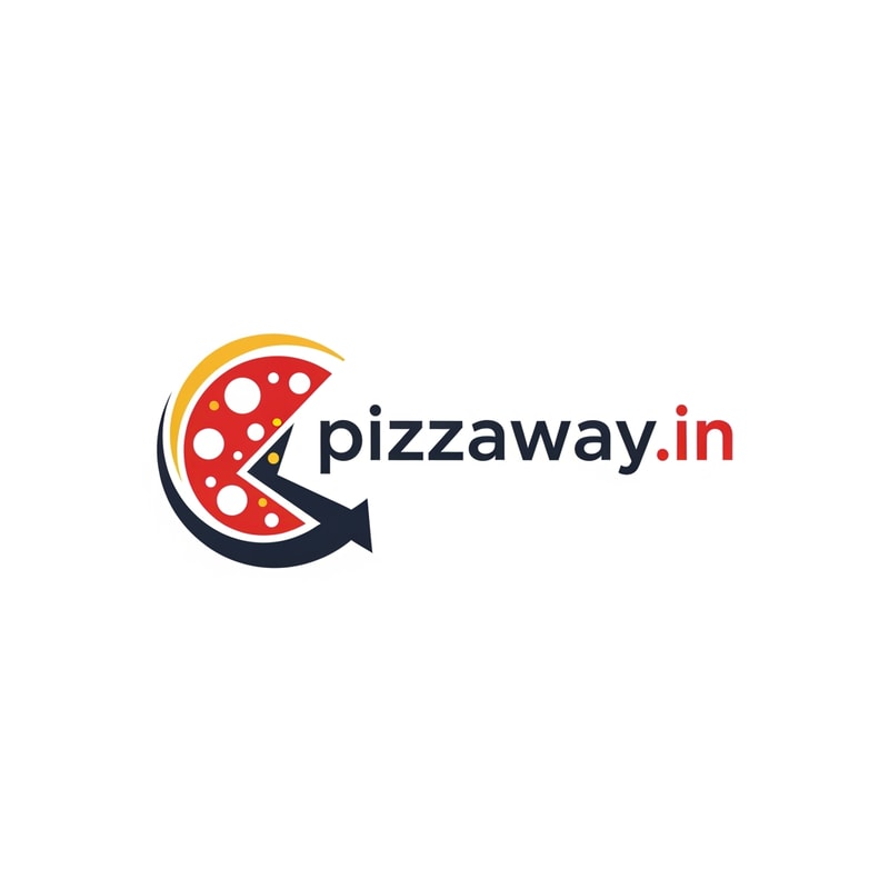 A modern logotype graphic for a fast-casual pizza delivery service, featuring the exact text "pizzaway.in" integrated into a dynamic, circular emblem that subtly suggests both a pizza shape and a directional pathway — Centered horizontal layout optimized for use as a website header, maintaining high legibility even when scaled down to function as a simple favicon — Warm and appetizing palette utilizing vibrant tomato red, mozzarella white, and deep charcoal gray for sophisticated contrast; subtle accents of golden yellow — Flat, high-key studio lighting with no gradients or depth of field; the mood is trustworthy and quick — Minimalist vector graphic design with hard lines and geometric construction suitable for corporate identity assets; avoid photographic realism, rendering, or 3D effects — Must prominently display the exact text "pizzaway.in"; keep text/logos/labels EXACTLY unchanged; no rewriting, redrawing, correcting, or adding any text; ensure graphics are clean and scalable — Solid white presentation background, simulating a brand style guide preview.