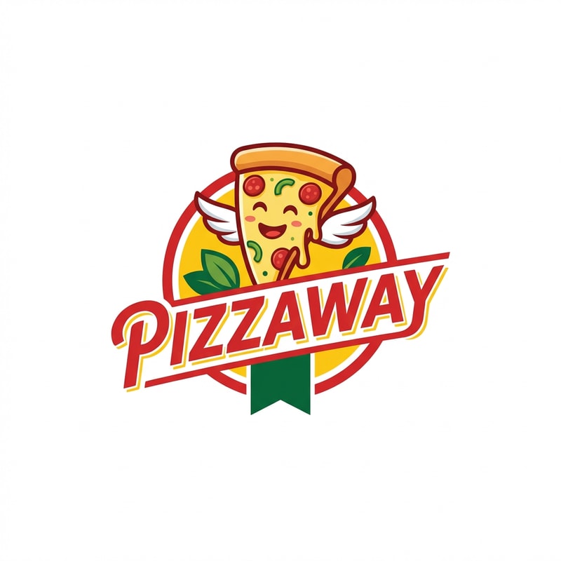 A scalable vector logo design featuring a stylized mascot element integrated with the brand name "PIZZAWAY" — Centered graphic, utilizing a bold, streamlined typeface that harmonizes with the accompanying illustration. Primary colors are bold red, vibrant cheese yellow, and crisp white, accented by deep green. Bright, high-key, flat graphic lighting creating an energetic, approachable mood suitable for fast food branding. Clean vector art, modern corporate identity style with geometric shapes and clear linework. The design must feature the exact word "PIZZAWAY"; keep text/logos/labels EXACTLY unchanged; no rewriting, redrawing, correcting, or adding any text; output must be a single, scalable logo mark. Isolated on a pure white background.