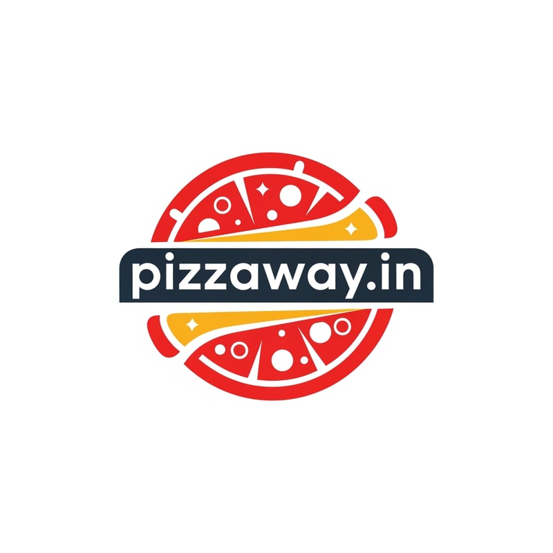 A modern logotype graphic for a fast-casual pizza delivery service, featuring the exact text "pizzaway" integrated into a dynamic, circular emblem that subtly suggests both a pizza shape and a directional pathway — Centered horizontal layout optimized for use as a website header, maintaining high legibility even when scaled down to function as a simple favicon — Warm and appetizing palette utilizing vibrant tomato red, mozzarella white, and deep charcoal gray for sophisticated contrast; subtle accents of golden yellow — Flat, high-key studio lighting with no gradients or depth of field; the mood is trustworthy and quick — Minimalist vector graphic design with hard lines and geometric construction suitable for corporate identity assets; avoid photographic realism, rendering, or 3D effects — Must prominently display the exact text "pizzaway.in"; keep text/logos/labels EXACTLY unchanged; no rewriting, redrawing, correcting, or adding any text; ensure graphics are clean and scalable — Solid white presentation background, simulating a brand style guide preview.
