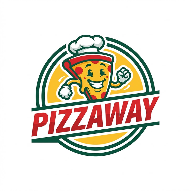 A scalable vector logo design featuring a stylized mascot element integrated with the brand name "PIZZAWAY" — Centered graphic, utilizing a bold, streamlined typeface that harmonizes with the accompanying illustration. Primary colors are bold red, vibrant cheese yellow, and crisp white, accented by deep green. Bright, high-key, flat graphic lighting creating an energetic, approachable mood suitable for fast food branding. Clean vector art, modern corporate identity style with geometric shapes and clear linework. The design must feature the exact word "PIZZAWAY"; keep text/logos/labels EXACTLY unchanged; no rewriting, redrawing, correcting, or adding any text; output must be a single, scalable logo mark. Isolated on a pure white background.