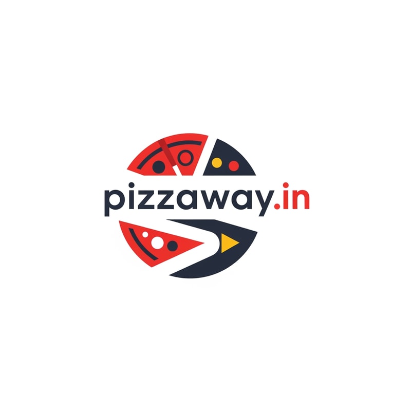 A modern logotype graphic for a fast-casual pizza delivery service, featuring the exact text "pizzaway" integrated into a dynamic, circular emblem that subtly suggests both a pizza shape and a directional pathway — Centered horizontal layout optimized for use as a website header, maintaining high legibility even when scaled down to function as a simple favicon — Warm and appetizing palette utilizing vibrant tomato red, mozzarella white, and deep charcoal gray for sophisticated contrast; subtle accents of golden yellow — Flat, high-key studio lighting with no gradients or depth of field; the mood is trustworthy and quick — Minimalist vector graphic design with hard lines and geometric construction suitable for corporate identity assets; avoid photographic realism, rendering, or 3D effects — Must prominently display the exact text "pizzaway.in"; keep text/logos/labels EXACTLY unchanged; no rewriting, redrawing, correcting, or adding any text; ensure graphics are clean and scalable — Solid white presentation background, simulating a brand style guide preview.