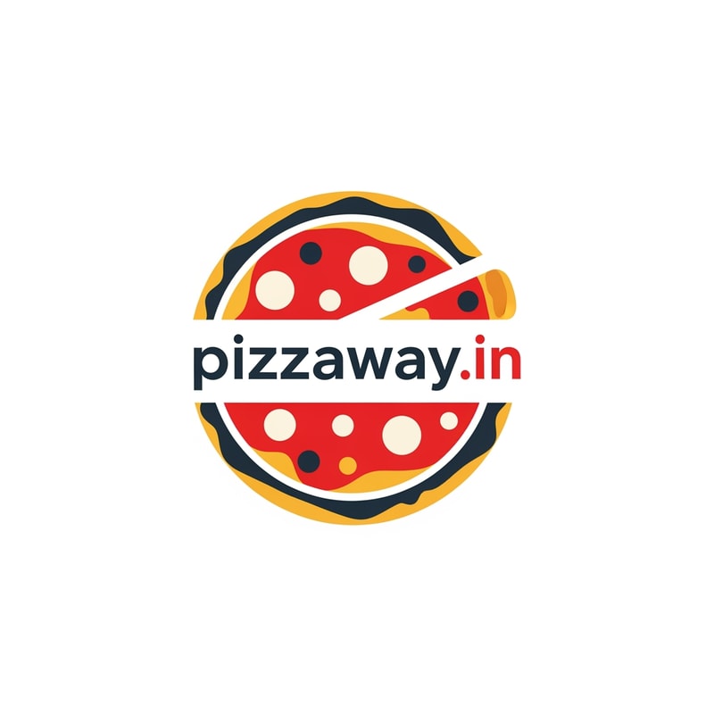A modern logotype graphic for a fast-casual pizza delivery service, featuring the exact text "pizzaway.in" integrated into a dynamic, circular emblem that subtly suggests both a pizza shape and a directional pathway — Centered horizontal layout optimized for use as a website header, maintaining high legibility even when scaled down to function as a simple favicon — Warm and appetizing palette utilizing vibrant tomato red, mozzarella white, and deep charcoal gray for sophisticated contrast; subtle accents of golden yellow — Flat, high-key studio lighting with no gradients or depth of field; the mood is trustworthy and quick — Minimalist vector graphic design with hard lines and geometric construction suitable for corporate identity assets; avoid photographic realism, rendering, or 3D effects — Must prominently display the exact text "pizzaway.in"; keep text/logos/labels EXACTLY unchanged; no rewriting, redrawing, correcting, or adding any text; ensure graphics are clean and scalable — Solid white presentation background, simulating a brand style guide preview.