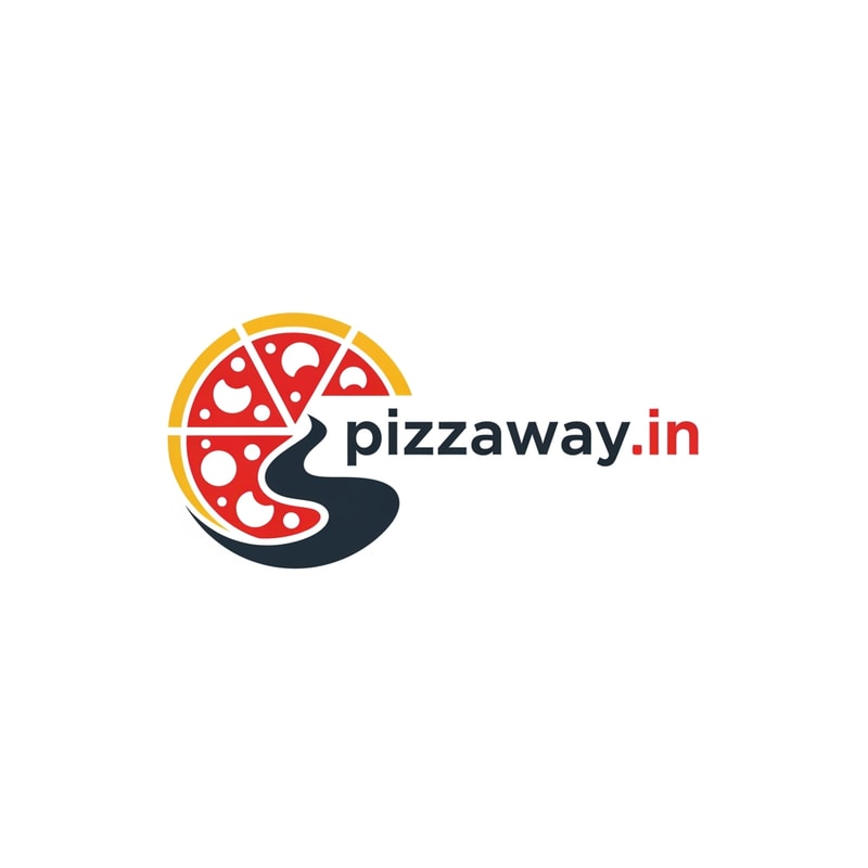 A modern logotype graphic for a fast-casual pizza delivery service, featuring the exact text "pizzaway.in" integrated into a dynamic, circular emblem that subtly suggests both a pizza shape and a directional pathway — Centered horizontal layout optimized for use as a website header, maintaining high legibility even when scaled down to function as a simple favicon — Warm and appetizing palette utilizing vibrant tomato red, mozzarella white, and deep charcoal gray for sophisticated contrast; subtle accents of golden yellow — Flat, high-key studio lighting with no gradients or depth of field; the mood is trustworthy and quick — Minimalist vector graphic design with hard lines and geometric construction suitable for corporate identity assets; avoid photographic realism, rendering, or 3D effects — Must prominently display the exact text "pizzaway.in"; keep text/logos/labels EXACTLY unchanged; no rewriting, redrawing, correcting, or adding any text; ensure graphics are clean and scalable — Solid white presentation background, simulating a brand style guide preview.