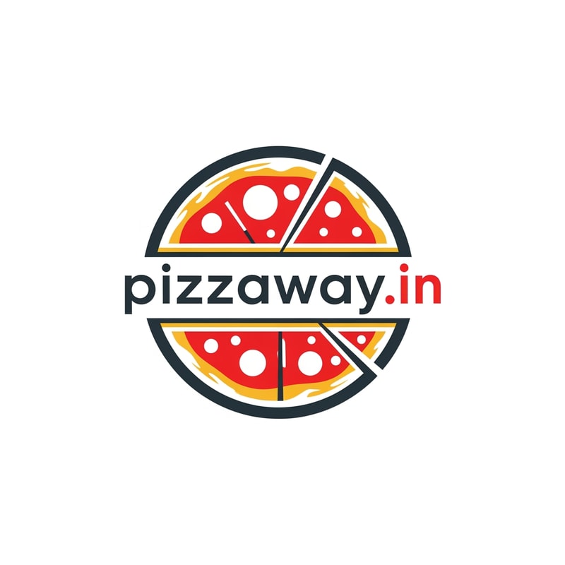 A modern logotype graphic for a fast-casual pizza delivery service, featuring the exact text "pizzaway" integrated into a dynamic, circular emblem that subtly suggests both a pizza shape and a directional pathway — Centered horizontal layout optimized for use as a website header, maintaining high legibility even when scaled down to function as a simple favicon — Warm and appetizing palette utilizing vibrant tomato red, mozzarella white, and deep charcoal gray for sophisticated contrast; subtle accents of golden yellow — Flat, high-key studio lighting with no gradients or depth of field; the mood is trustworthy and quick — Minimalist vector graphic design with hard lines and geometric construction suitable for corporate identity assets; avoid photographic realism, rendering, or 3D effects — Must prominently display the exact text "pizzaway.in"; keep text/logos/labels EXACTLY unchanged; no rewriting, redrawing, correcting, or adding any text; ensure graphics are clean and scalable — Solid white presentation background, simulating a brand style guide preview.