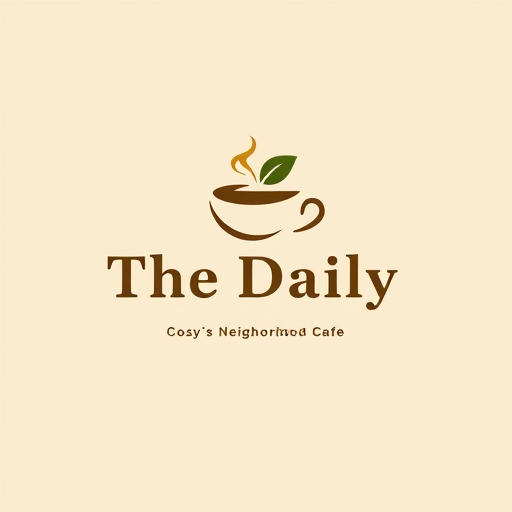 Professional logo design. Minimalist for a cozy neighborhood cafe named "The Daily": A steaming coffee cup with a subtle leaf detail, warm earth tones like deep brown, cream, and a hint of forest green, a friendly sans-serif font. Design with a touch of Scandinavian hygge, clean lines and negative space, and a solid background.