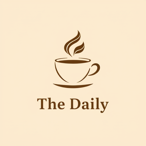 Professional logo design. Minimalist for a cozy neighborhood cafe named "The Daily": A steaming coffee cup with a subtle leaf detail, warm earth tones like deep brown, cream, and a hint of forest green, a friendly sans-serif font. Design with a touch of Scandinavian hygge, clean lines and negative space, and a solid background.