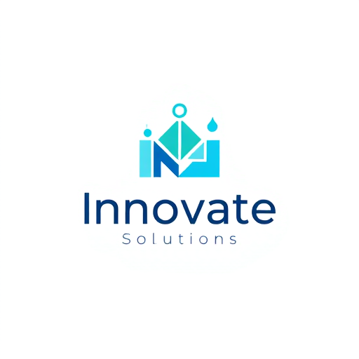 Professional logo design. Minimalist for a modern tech startup named "Innovate Solutions": abstract geometric shapes representing connectivity and growth, cool blues and teals, sans-serif font. Design with influences from brutalist architecture and generative art, sharp lines and clean gradients, on a transparent background.