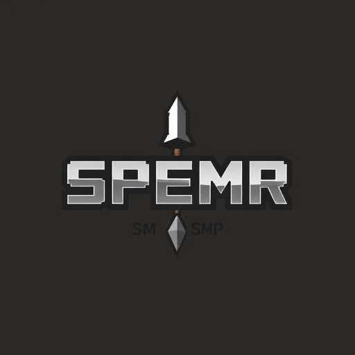 Professional logo design. it says SPEAR then SMP under it with a spear in the middle in minecraft font