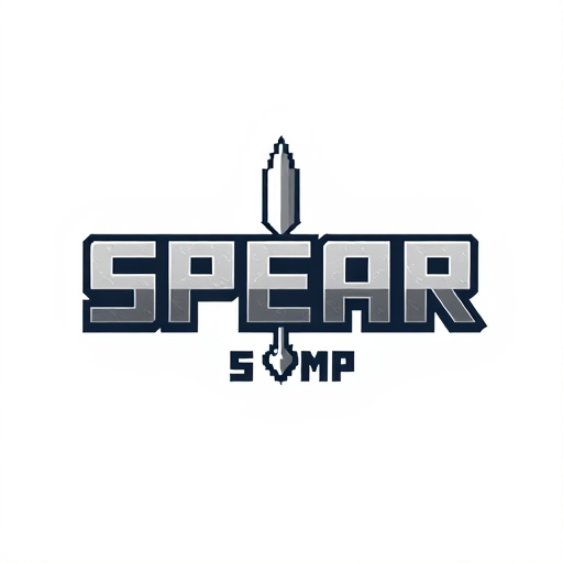 Professional logo design. it says SPEAR then SMP under it with a spear in the middle in minecraft font