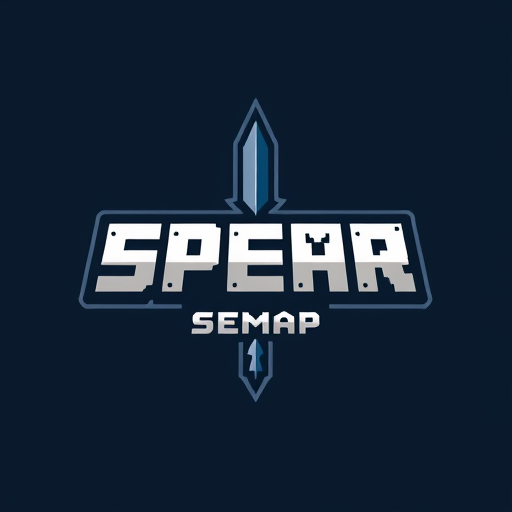 Professional logo design. it says SPEAR in the middle SMP under it with a spear in the middle in minecraft font
