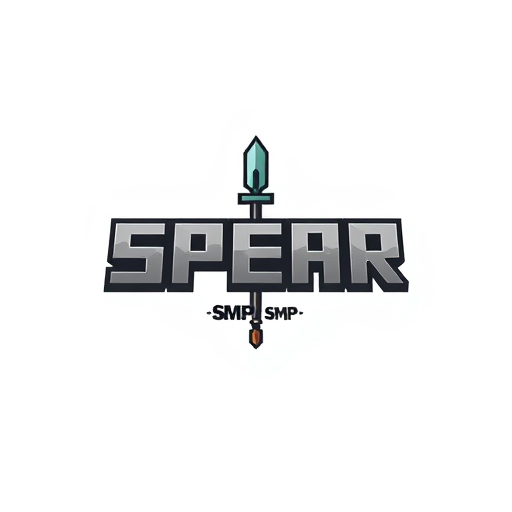 Professional logo design. it says 'SPEAR' in the middle 'SMP' under it with a spear in the along the top of the word spear in minecraft font
