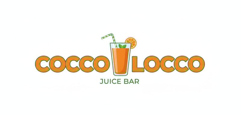 Design a juice shop logo for me in green and orange color naming COCCO LOCCO with a glass of juice - in orange COLOR ,background should be white i like this design but change color scheme in to green and orange also add cc in cocco locco