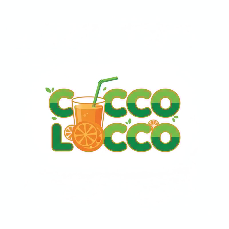 Design a juice shop logo for me in green and orange color naming COCCO LOCCO with a glass of juice - in orange COLOR ,background should be white