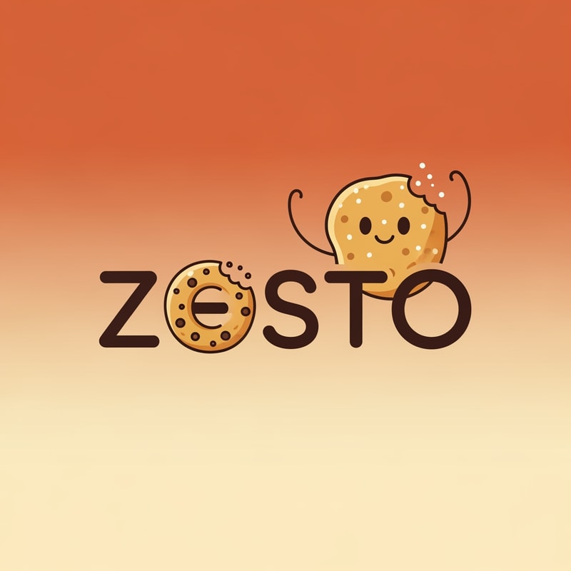 Create a logo for cookies brand  Named by ZESTO.Minimal,Cozy,Warm Color,Modern design . O refers a bited cookie and Character will more creativr