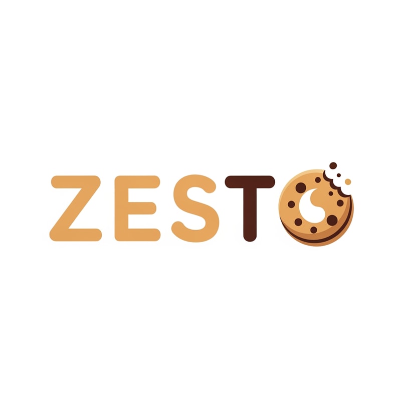 Create a logo for cookies brand Named by ZESTO.Minimal,Cozy,Warm Color,Modern design . O refers a bited cookie and Character will more creativr