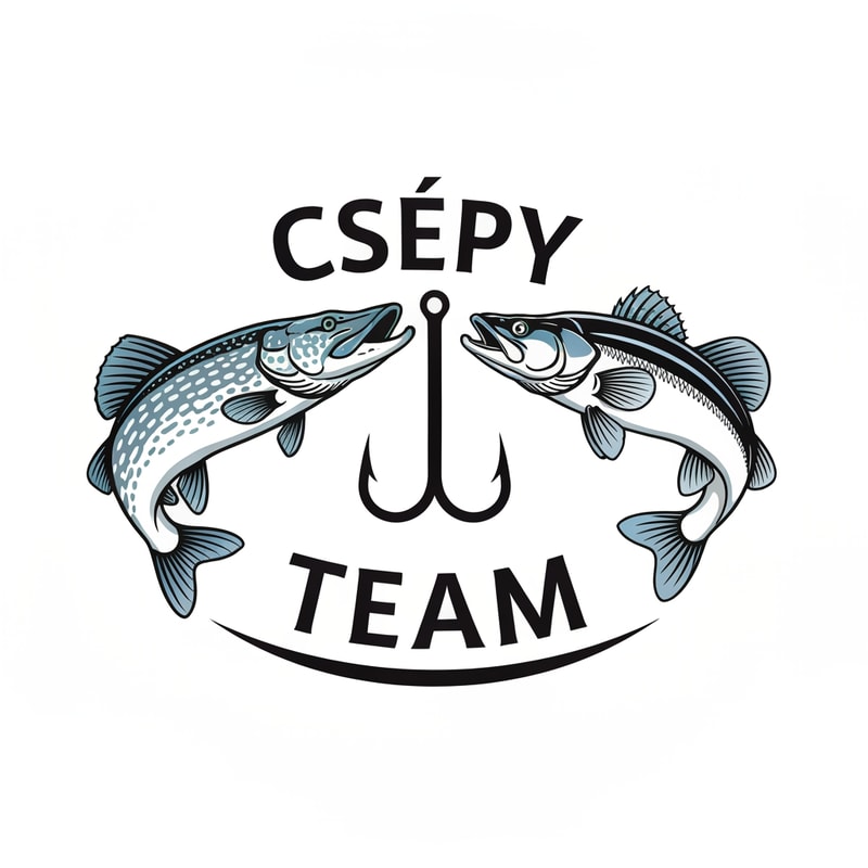Create a clean, detailed fishing-themed logo. The design should feature a pike and a zander facing each other, with a fishing hook placed between them. The word “Csépy” should appear above the fish, and the stem of the letter “p” in “Csépy” should seamlessly form the shaft of the hook. Below the fish, add the word “Team” in a curved, arched style. The overall design should be modern, dynamic, and balanced, suitable for a fishing team logo. Use cool tones such as blue, silver, and black, and ensure clear lines for easy visibility on clothing or stickers.