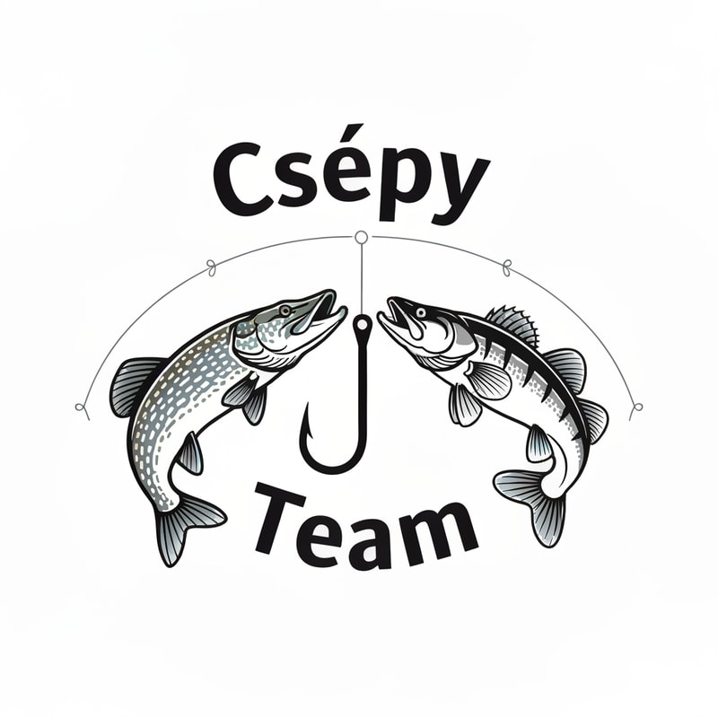 Create a clean, detailed fishing-themed logo. The design should feature a pike and a zander facing each other, with a fishing hook placed between them. The word “Csépy” should appear above the fish, and the stem of the letter “p” in “Csépy” should seamlessly form the shaft of the hook. Below the fish, add the word “Team” in a curved, arched style. The overall design should be modern, dynamic, and balanced, suitable for a fishing team logo. Use cool tones such as blue, silver, and black, and ensure clear lines for easy visibility on clothing or stickers.