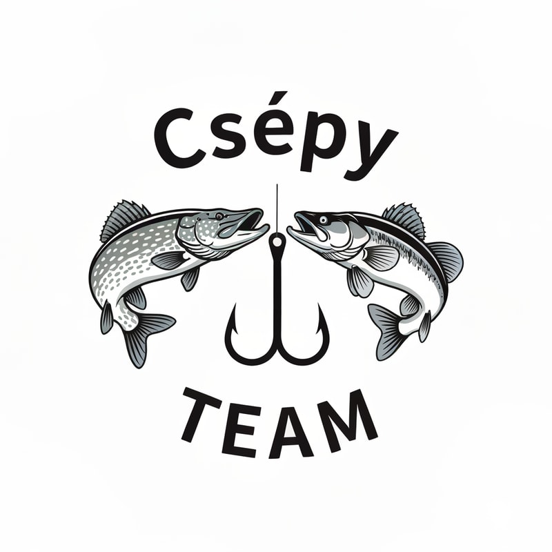 Create a clean, detailed fishing-themed logo. The design should feature a pike and a zander facing each other, with a fishing hook placed between them. The word “Csépy” should appear above the fish, and the stem of the letter “p” in “Csépy” should seamlessly form the shaft of the hook. Below the fish, add the word “Team” in a curved, arched style. The overall design should be modern, dynamic, and balanced, suitable for a fishing team logo. Use cool tones such as blue, silver, and black, and ensure clear lines for easy visibility on clothing or stickers.