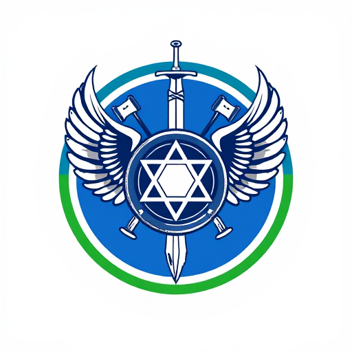 Professional logo design. Create a round logo of Israel air force wings with star of David in the center, big truck wheel and 2 sharp viking axes. Add a sword behind. the logo will have half bottom green border and half top blue border.