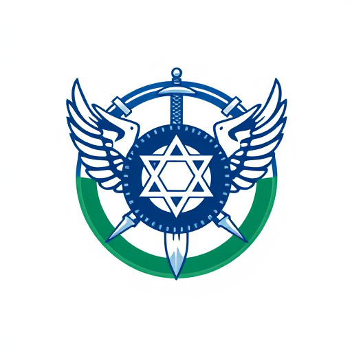 Professional logo design. Create a round logo of Israel air force wings with star of David in the center, big truck wheel and 2 sharp viking axes. Add a sword behind. the logo will have half bottom green border and half top blue border.