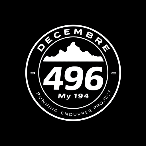 Professional logo design. Circular logo of a Running endurance project called "DECEMBRE 496"
Black background with a white design, modern, inspiring logo