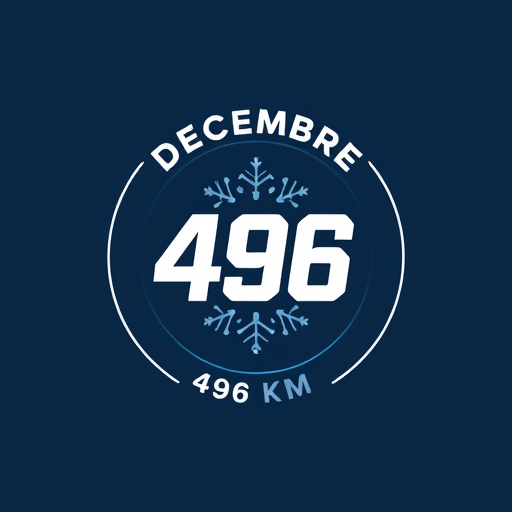 Professional logo design. // SUBJECT
Vector logo for a personal running challenge "Decembre 496". The logo is a modern, epic emblem for a social media profile picture.
// CORE ELEMENTS
The design is focused on a highly stylized and geometric number "496" at the center. The numbers are bold, sharp, and interconnected. Subtly integrated into the background or the structure of the numbers is a minimalist geometric snowflake pattern, representing December. The text "DECEMBRE" is curved along the top edge of the circle, and the total distance "496 KM" is curved along the bottom edge. The typography is a clean, strong, sans-serif font like "Montserrat Bold".
// STYLE & MOOD
The style is ultra-minimalist, epic, and inspiring. It should feel like a prestigious medal or a mission patch. Flat design with extremely clean lines. High contrast and immediate readability.
// COLOR PALETTE
Strict color palette: a deep navy blue background (#0A192F), with the main elements in crisp white (#FFFFFF) and a single, vibrant electric blue accent (#00A6FB) for the number 496 or a key line.
// COMPOSITION
Perfectly centered circular composition. Excellent use of negative space to create a sense of importance and clarity.
// NEGATIVE PROMPT
--no 3d render, shadows, gradients, photorealistic, handwriting, script font, cluttered, messy, complex illustration, signature