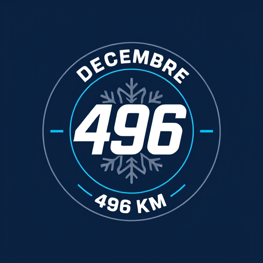 Professional logo design. // SUBJECT
Vector logo for a personal running challenge "Decembre 496". The logo is a modern, epic emblem for a social media profile picture.
// CORE ELEMENTS
The design is focused on a highly stylized and geometric number "496" at the center. The numbers are bold, sharp, and interconnected. Subtly integrated into the background or the structure of the numbers is a minimalist geometric snowflake pattern, representing December. The text "DECEMBRE" is curved along the top edge of the circle, and the total distance "496 KM" is curved along the bottom edge. The typography is a clean, strong, sans-serif font like "Montserrat Bold".
// STYLE & MOOD
The style is ultra-minimalist, epic, and inspiring. It should feel like a prestigious medal or a mission patch. Flat design with extremely clean lines. High contrast and immediate readability.
// COLOR PALETTE
Strict color palette: a deep navy blue background (#0A192F), with the main elements in crisp white (#FFFFFF) and a single, vibrant electric blue accent (#00A6FB) for the number 496 or a key line.
// COMPOSITION
Perfectly centered circular composition. Excellent use of negative space to create a sense of importance and clarity.
// NEGATIVE PROMPT
--no 3d render, shadows, gradients, photorealistic, handwriting, script font, cluttered, messy, complex illustration, signature