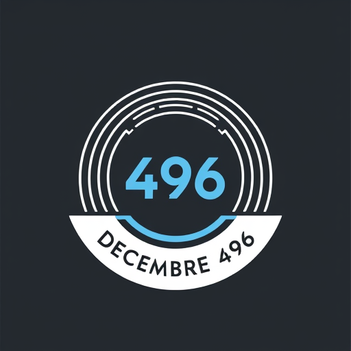 Professional logo design. // SUBJECT
Logo design for "Decembre 496", a month-long running challenge. The logo is a circular, modern emblem.
// CORE ELEMENTS
The central graphic is an abstract representation of progress: a stylized spiral or a series of 31 concentric lines that grow outwards, representing the daily increase in distance. At the very center of the spiral, the number "496" is placed, clean and prominent. As a subtle winter detail, the outermost circle is broken by six points, evoking a minimalist star or snowflake. The text "DECEMBRE 496" is integrated cleanly within the design, perhaps in a straight line bisecting the lower half of the circle.
// STYLE & MOOD
Minimalist design with an epic and motivational feel. The look is clean, technical, and elegant, like a high-end sports brand emblem. Flat 2D vector style.
// COLOR PALETTE
Monochromatic-inspired palette: Dark charcoal grey (#2C3E50) and white (#ECF0F1), with a striking accent of ice blue (#76D7C4). The logo must be impactful on both light and dark backgrounds.
// COMPOSITION
Balanced, circular design. The visual weight is centered, drawing the eye inwards towards the final number, "496".
// NEGATIVE PROMPT
--no detailed illustration, 3d, shadows, gradients, textures, watercolors, photos, serif fonts, complex shapes