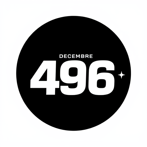 Professional logo design. // SUBJECT
Minimalist and powerful logo for "Decembre 496", a running challenge. Circular format for a profile icon.
// CORE ELEMENTS
The logo is a typographic monogram. It combines the letter 'D' for Decembre and the number '496'. The 'D' is massive and forms the outer circular shape of the logo. Inside the negative space of the 'D', the number "496" is cleverly placed. A very small, single, sharp six-pointed star (like an asterisk or a snowflake icon) is placed next to the number as a subtle nod to winter.
// STYLE & MOOD
Extremely minimalist, bold, modern, and epic. Inspired by Scandinavian design and modern sports branding. The focus is on the beauty of the letterforms and the clever use of space. Flat vector icon style.
// COLOR PALETTE
High-contrast winter palette: A dominant pure black (#000000) for the main 'D' shape, with the inner '496' and the star in a piercing glacial white (#FFFFFF). No other colors.
// COMPOSITION
Asymmetrical balance within a circular form. The design is simple enough to be recognized instantly, even at a very small size.
// NEGATIVE PROMPT
--no colors, gradients, shadows, multiple elements, complex background, illustration, pictures, text apart from the monogram
