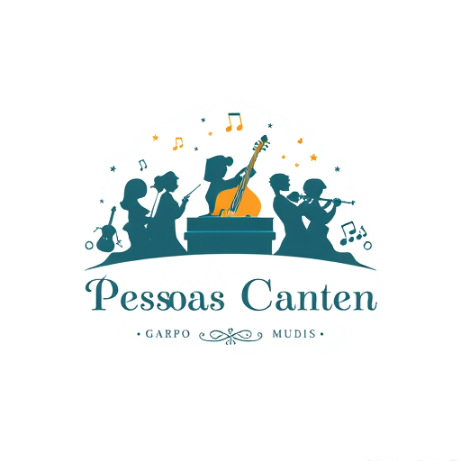 Professional logo design. Grupo de pessoas a cantar, coro musical com partituras, Instrumentos sao o piano e o violino
