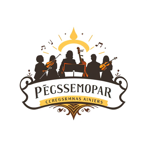 Professional logo design. Grupo de pessoas a cantar, coro musical com partituras, Instrumentos sao o piano e o violino
