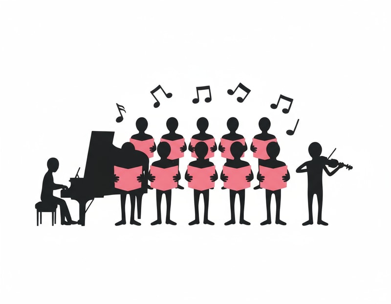 Grupo de pessoas a cantar, coro musical com partituras, Instrumentos sao o piano e o violino. Estilo mais de coro com duas filas de pessoas, remove o fundo da umagem