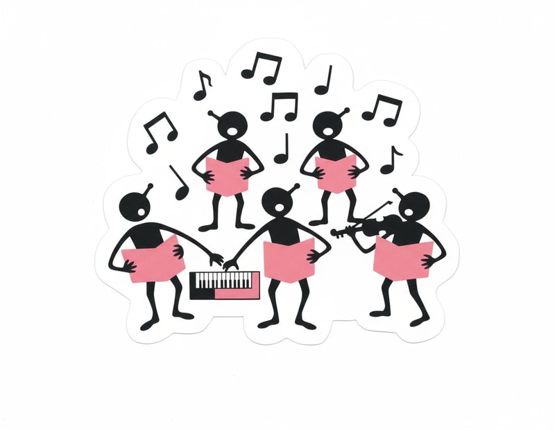 Grupo de pessoas a cantar, coro musical com partituras, Instrumentos sao o piano e o violino. Estilo mais de coro com duas filas de pessoas, remove o fundo da umagem
Tenta substituir o piano por um teclado de piano. tenta integrar tudo numa imagem harmoniosa e mais simples