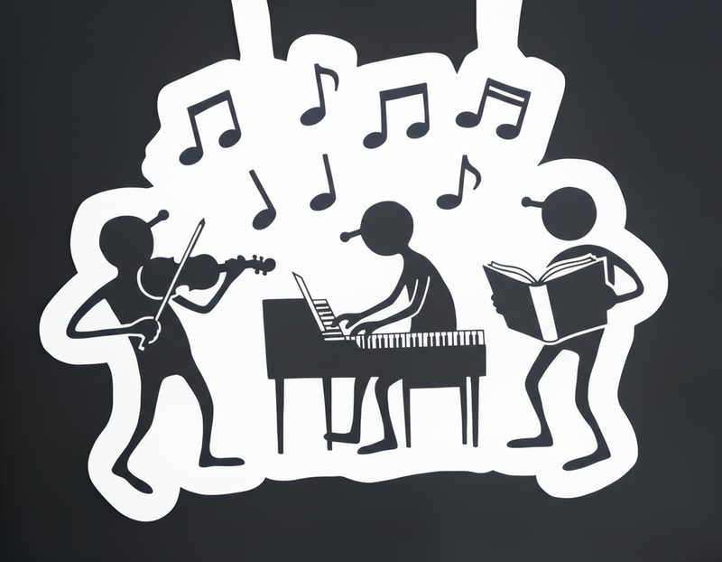 Grupo de pessoas a cantar, coro musical com partituras, Instrumentos sao o piano e o violino.