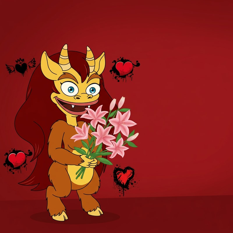 haz que la persona de la primera imagen, este agarrando el ramo de lirios dibujado de la segunda imagen. Quiero que haya un fondo rojo y que tenga incluido los grafitis de las imagenes 3,4 y 5. El dibujo de la primera y segunda imagen, ponla a la izquierda del fondo y que sea un poco pequeño. Pon mas de un graffiti y que sean mas pequeños, y que esten todos a la izquierda, que haya un hueco en la parte derecha