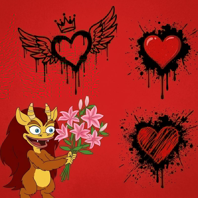 haz que la persona de la primera imagen, este agarrando el ramo de lirios dibujado de la segunda imagen. Quiero que haya un fondo rojo y que tenga incluido los grafitis de las imagenes 3,4 y 5. El dibujo de la primera y segunda imagen, ponla a la izquierda del fondo y que sea un poco pequeño