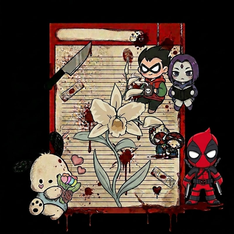 cambia la cara del spiderman que esta junto a la hello kitty en el medio derecha, por la cara de la imagen 2 de deadpool. No cambies mas nada, solo la cara