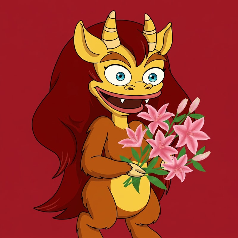 haz que la persona de la primera imagen, este agarrando el ramo de lirios dibujado de la segunda imagen. Quiero que haya un fondo rojo