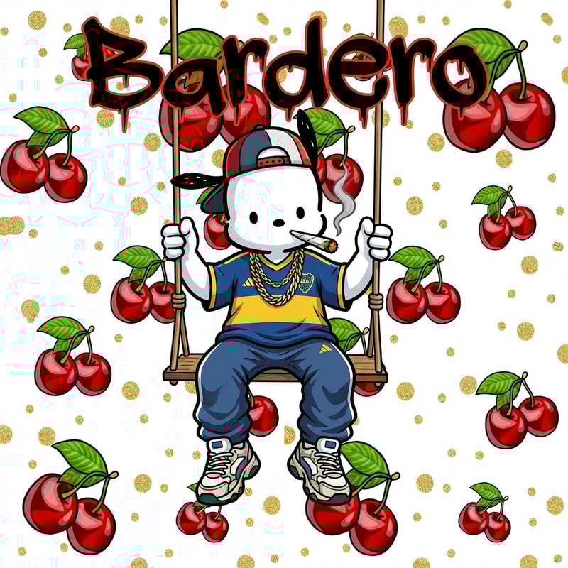 haz que el fondo de la imagen sea la imagen dos, y luego quiero que en el medio este la imagen tres pero que en vez del chico del coolumpio, este la imagen uno, pochacco. Pocchaco tiene que estar vestido con ropa turra de argentina y se tiene que estar fumando un porro. Pero haz que las letras de arriba diga: Bardero