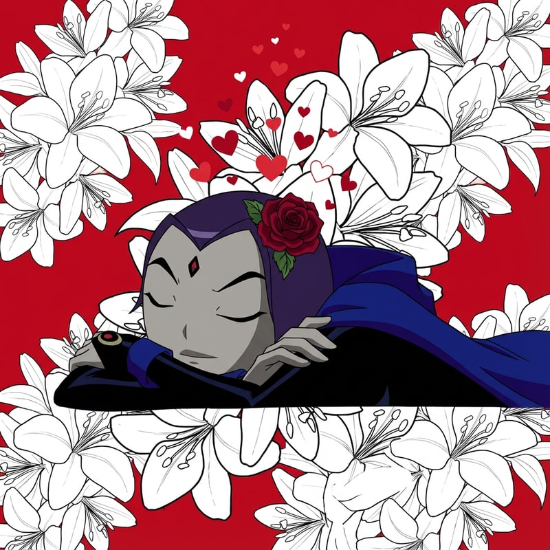 haze que el fondo de la imagen sea rojo y de fondo y tenga lirios por toda la imagen, los lirios tienen que ser blancos y ademas de eso, quiero que raven tenga unos corazones saliendo de su cabeza y tenga una rosa en su frente. Haz que la flor de la frente este en su pelo y sea de color jrojo cereza