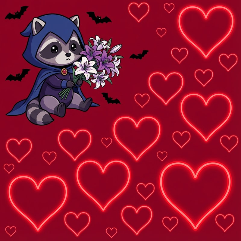 hazme que el mapache este vestido como raven, y este agarrando un ramo de lirios. Quiero que el fondo sea un rojo cereza y ademas de eso quiero que al rededor del mapache haya muercierlagos, pero no muchos y que tambien haya muchisimos corazones, pequeños y grandes de un color rojo chillon. Haz que el mapache este arriba a la izquierda y quitale el aguila que tiene en la ropa. Haz que el mapache este sentado y no sea tan grande