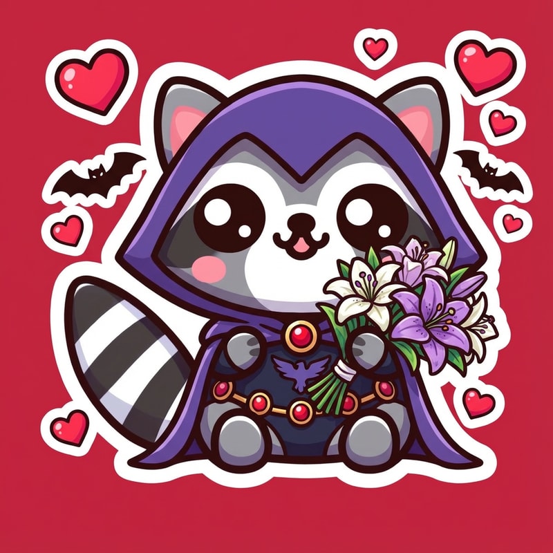 hazme que el mapache este vestido como raven, y este agarrando un ramo de lirios. Quiero que el fondo sea un rojo cereza y ademas de eso quiero que al rededor del mapache haya muercierlagos, pero no muchos y que tambien haya muchisimos corazones, pequeños y grandes de un color rojo chillon